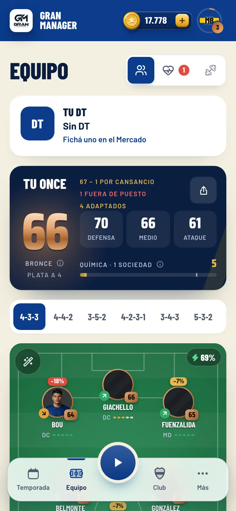 Pantalla Equipo con la formación en la cancha