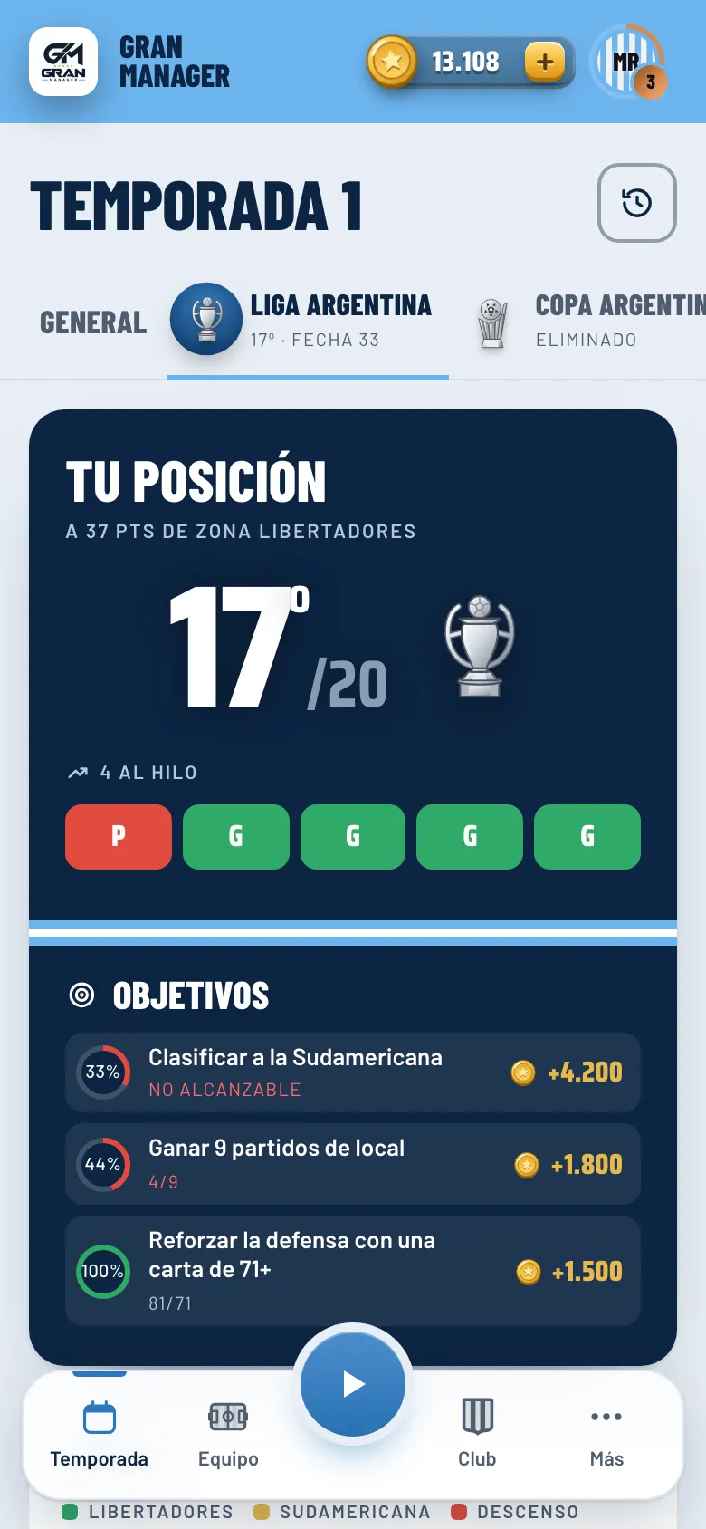 Pantalla de la Liga con la tabla de posiciones