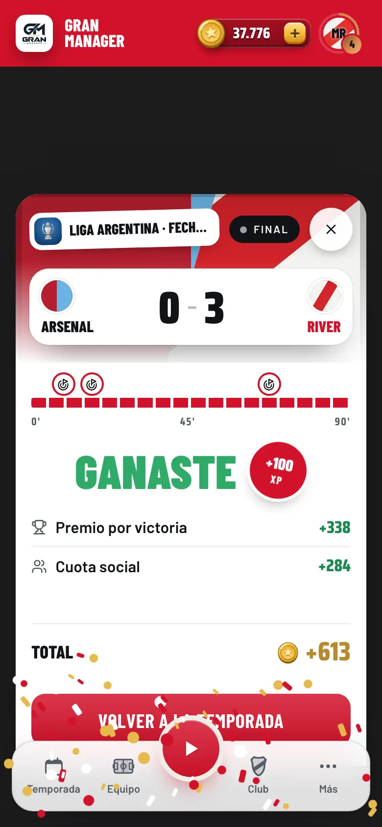Pantalla del partido en vivo con el marcador y el relato
